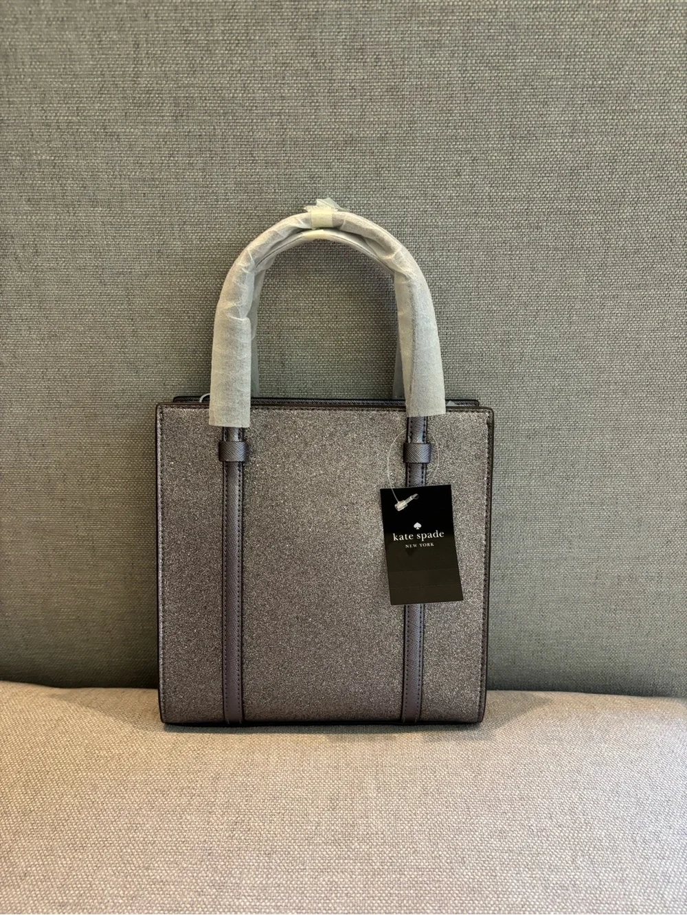 Kate Spade Kenzie Gray Glitter Tote Bag with Tassel